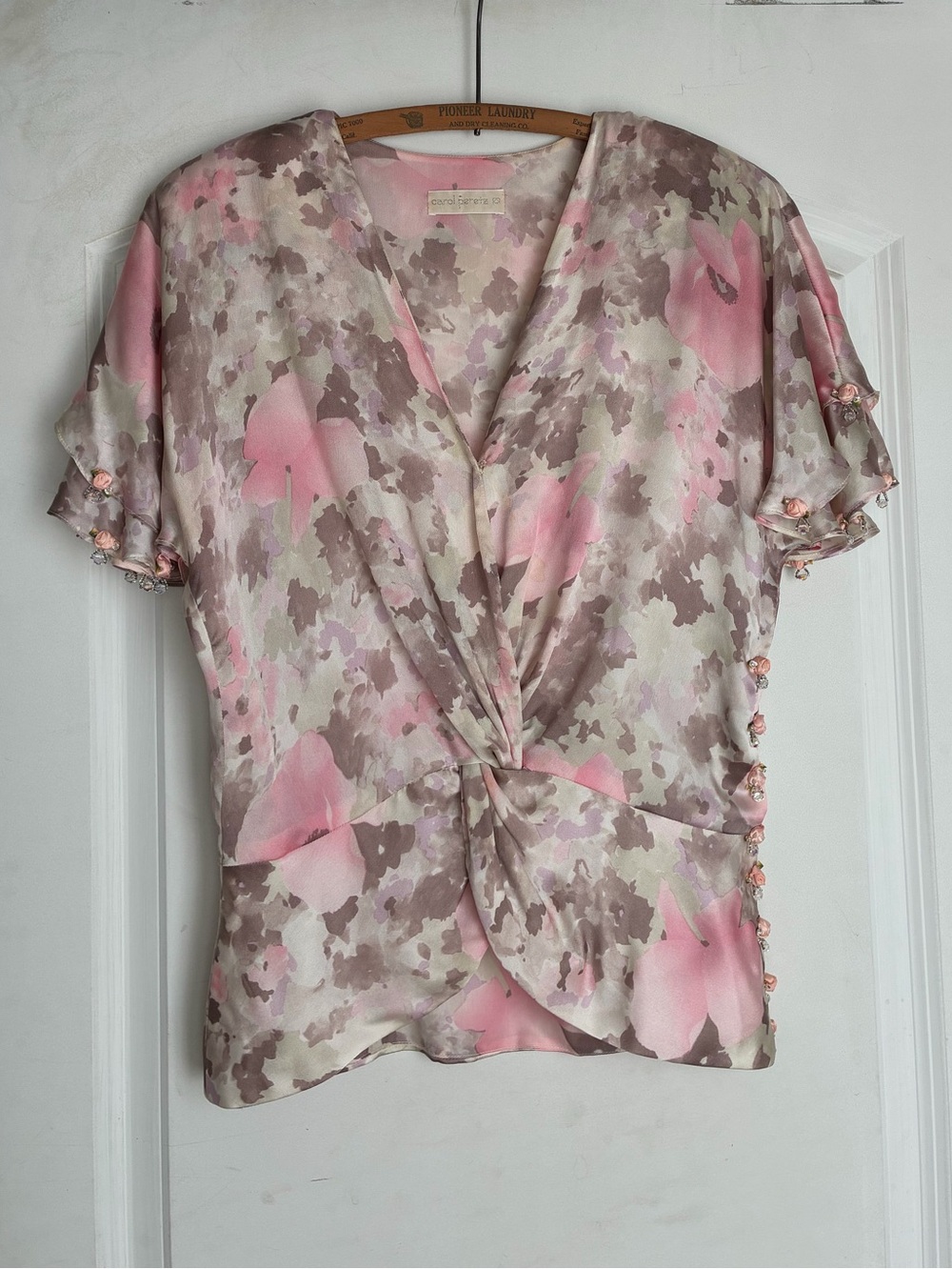 Vintage Carol Peretz Silk Blouse Pink Beaded Roses Size 10 Y2K 1980 1990
